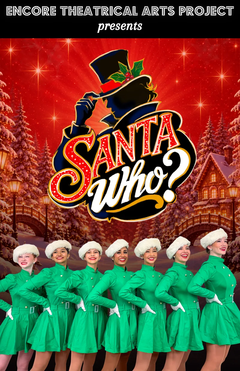 Santa Who? show artwork: seven ETAP dancers in green holiday costumes and white fur hats in front of a snowy village